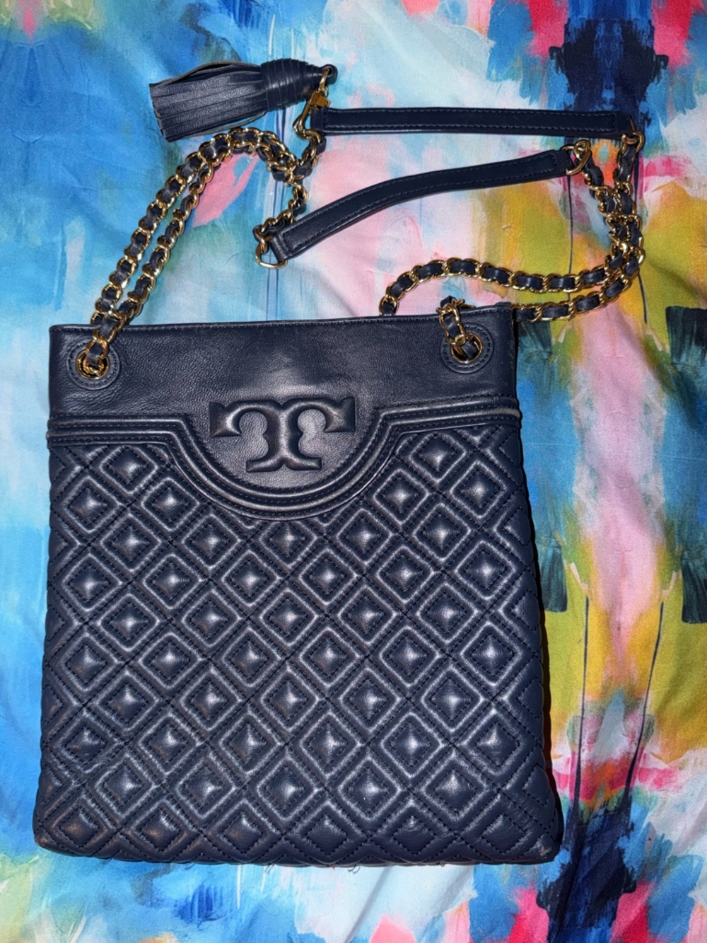 Tory Burch Fleming Swingpack Quilted Leather Chain Shoulder Bag Crossbody Navy